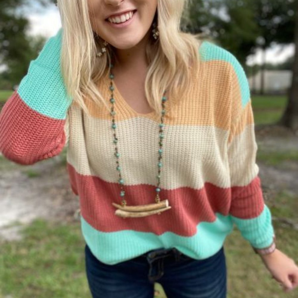 Ladies Lg sweater by Rock & Roll cowgirls collection, light blue, yellow, cream